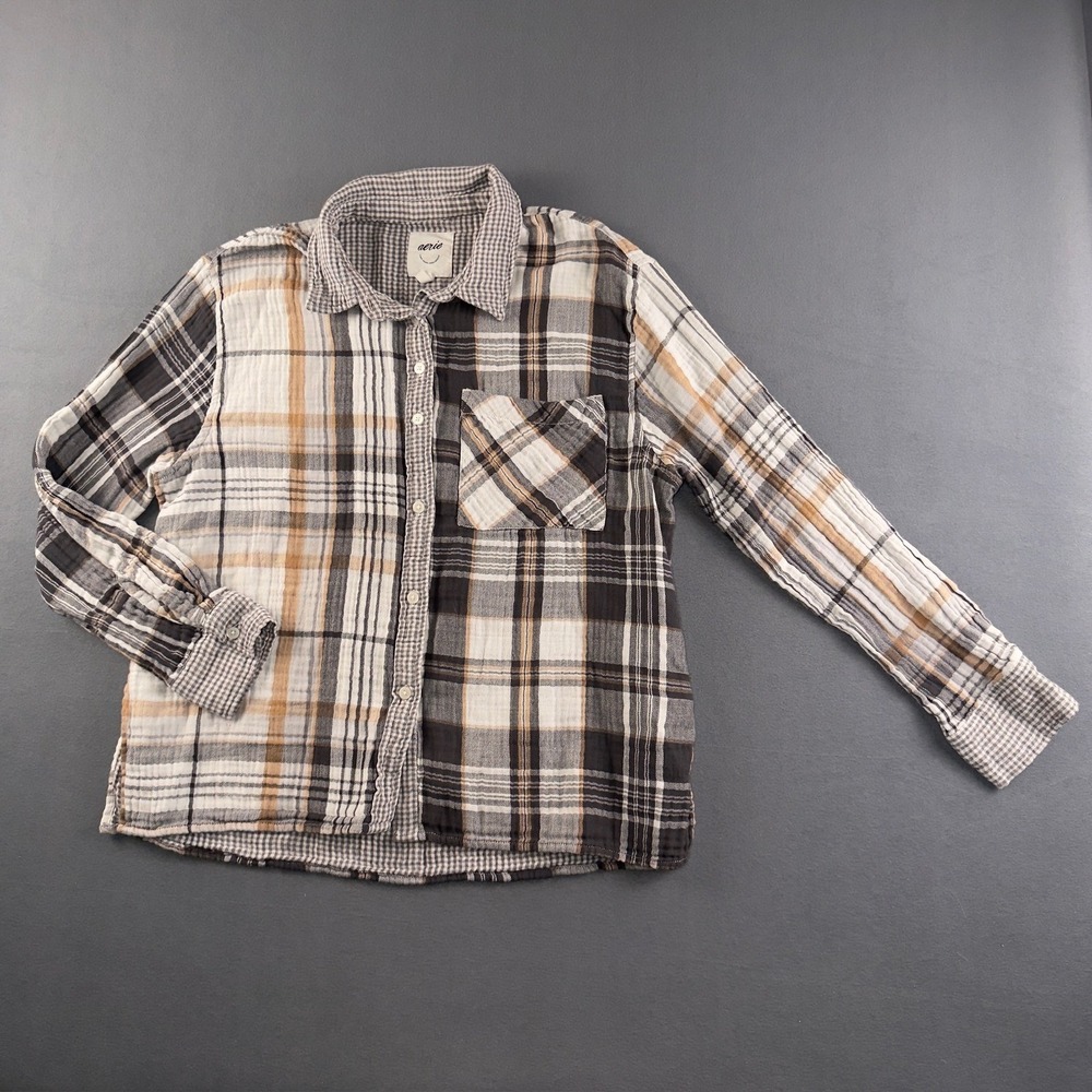 Aerie Womens Mixed Plaid Gingham Button Down Shirt Brown Black Cotton Gauze M